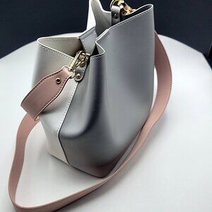 Summer & Rose Vegan Leather Bucket Bag Gray White Pink Crossbody NWOT